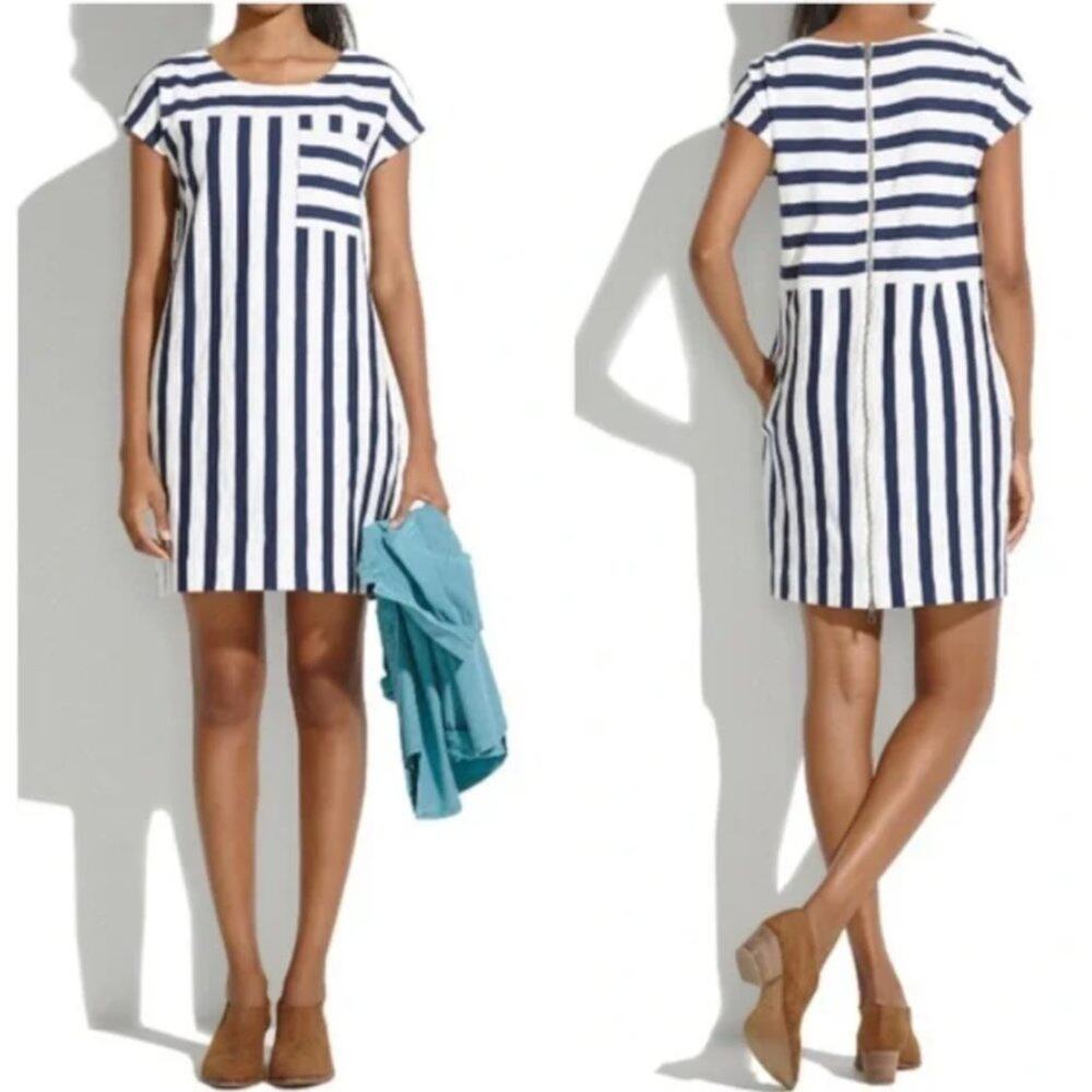 Madewell Blue Stripe Zipper Dress Preppy Nautical Vacation Seaside Coastal Yacht - Picture 8 of 8